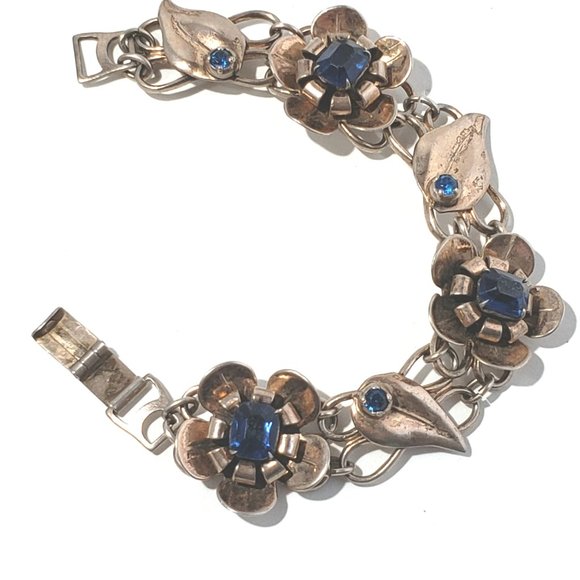 Vintage Sterling Silver Vermeil Flower Link Blue Stone Bracelet #7904 - Picture 5 of 6